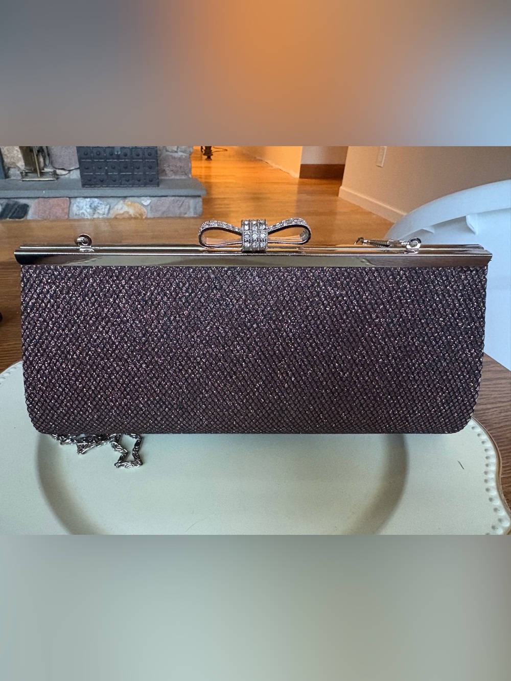 Bronze Sparkle Bow Clasp Evening Clutch w/ Chain